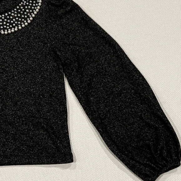 Zara Sweater Dark Gray Knit Pearl Studded Neckline Balloon Sleeves Size Small - Picture 2 of 9